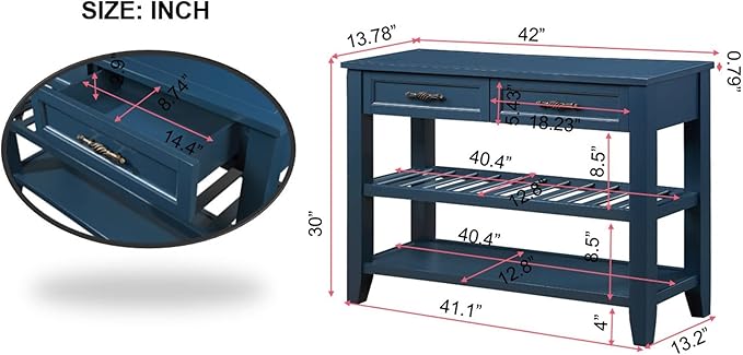 Solid Wood Console Table Entryway Table with Storage Drawers and Shelves Sofa Table for Entry Hallway Foyer(42" Navy Blue)
