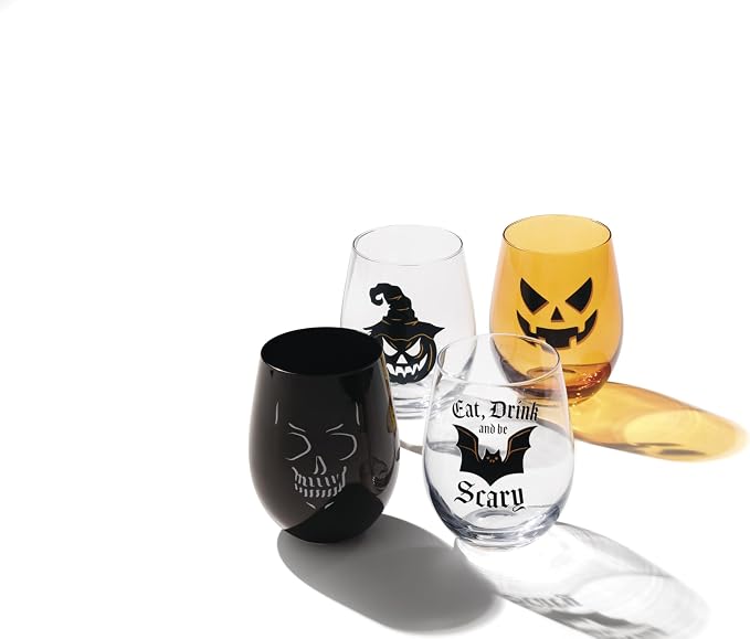 Oneida Vintro Halloween Stemless Wine Glasses, Set of 4 | dishwasher safe | skeleton and bat designs | halloween party glassware | 5 inch, 18oz, halloween kitchen decor