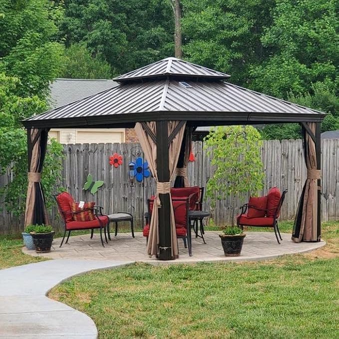 12' x 12' Hardtop Gazebo Outdoor Aluminum Gazebos Grill with Galvanized Steel Double Canopy for Patios Deck Backyard,Curtains&Netting by domi outdoor living