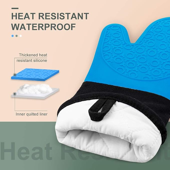 sungwoo Extra Long Silicone Oven Mitts, Heat Resistant Oven Gloves with Quilted Liner Non-Slip Textured Grip Perfect for BBQ, Baking, Cooking and Grilling - 1 Pair 14.6 Inch Blue & Black