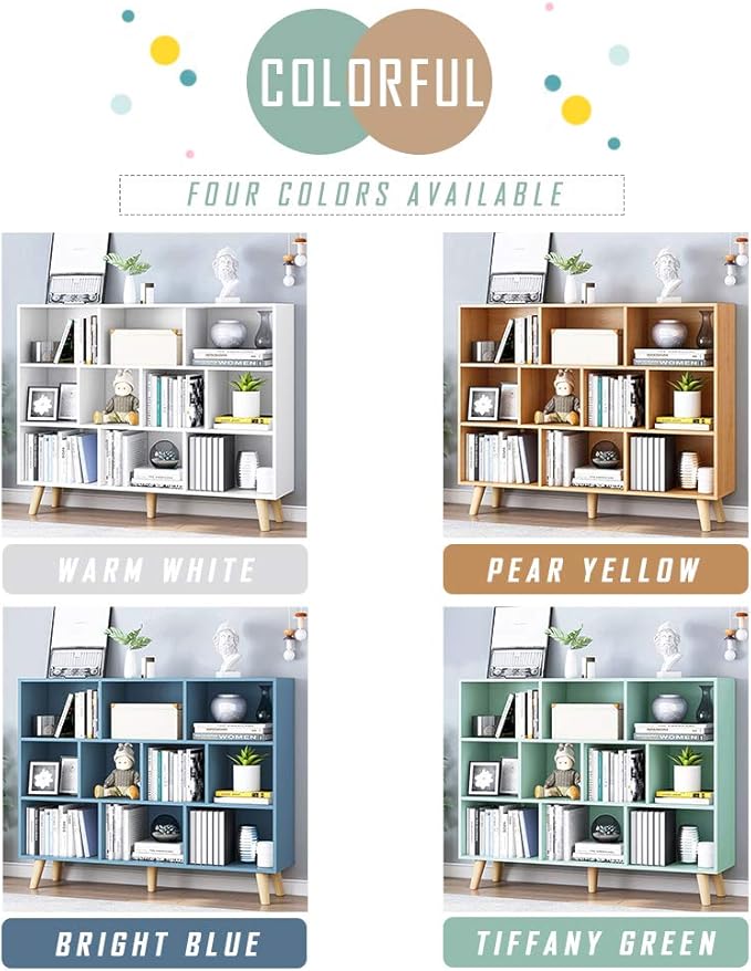 IOTXY Wooden Open Shelf Bookcase - 3-Tier Floor Standing Display Cabinet Rack with Legs, 10 Cubes Bookshelf, Tiffany-Green