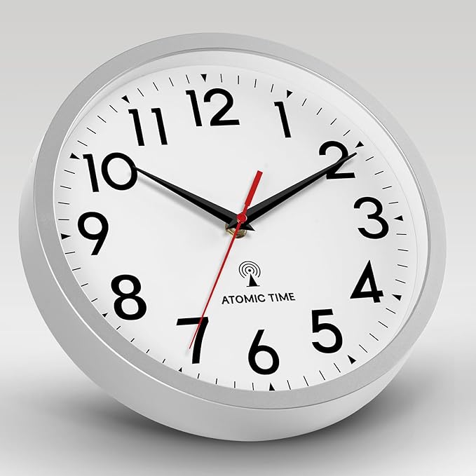 Atomic Wall Clock Analog 14 Inch Battery Operated Modern Decorative for Living Room Kitchen Office Bedroom Bathroom(Silver)