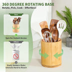 Bamboo Wood Utensil Holder, 360° Rotating 7.3 in Kitchen Organizer | Rustic farmhouse countertop decor. 360° rotating base holds spatulas, ladles, tongs, and cooking tools. Natural bamboo wood.