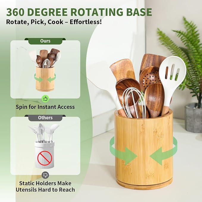Bamboo Wood Utensil Holder, 360° Rotating 7.3 in Kitchen Organizer | Rustic farmhouse countertop decor. 360° rotating base holds spatulas, ladles, tongs, and cooking tools. Natural bamboo wood.