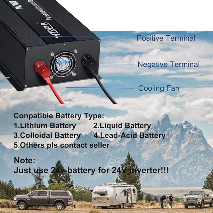 WZRELB Pure Sine Wave Inverter 1000W 24VDC to 120VAC Solar Power Converter Truck RV Home LCD Display