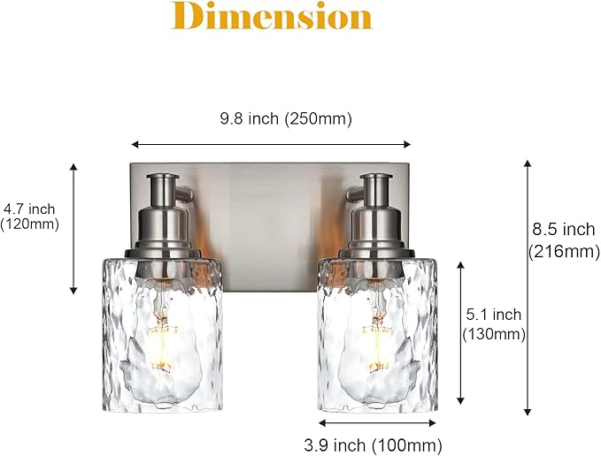 BONLICHT Modern Bathroom Light Fixtures in Brushed Nickel Finish, 2 Light Industrial Indoor Wall Sconce Farmhouse Vanity Lighting Over Mirror with Hammered Glass Contemporary Hallway Wall Mount Lamp