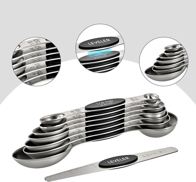 XSNBRD Magnetic Measuring Cups and Spoons Set, 13-Piece | Stainless steel with silicone handles. Magnetic nesting for compact storage. Ideal for baking and cooking.（Black）