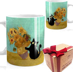 Famous Art Paintings Funny Cat Coffee Mug for Artist Art Lover Teacher Cat Lovers, Famous Picture Classic Vincent Aesthetic Canvas Mug Birthday Gift for Women Man (Black Cat Sunflower)