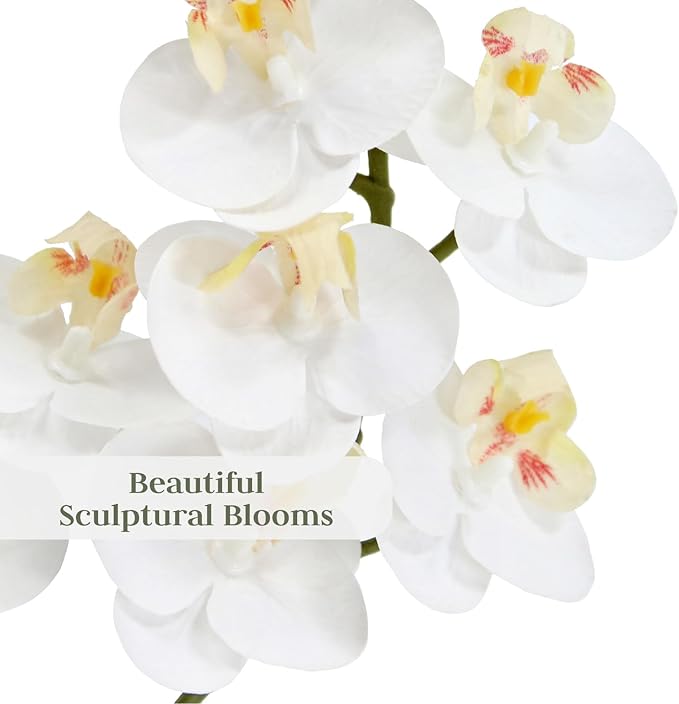 Faux White Orchid Plant, Premium Artificial Indoor Flower Display Stands 24”, Beautiful Sculptural Blooms That Lasts Forever, Grey Planter Pot Included