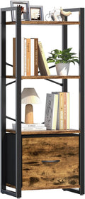 Yoobure Bookshelf, 4 Tier Book Shelf with Drawer, Small Bookcase Narrow Book Case, Industrial Bookshelves Shelf for Bedroom Living Room Office, Book Storage Organizer for CD/Movie Rustic Brown