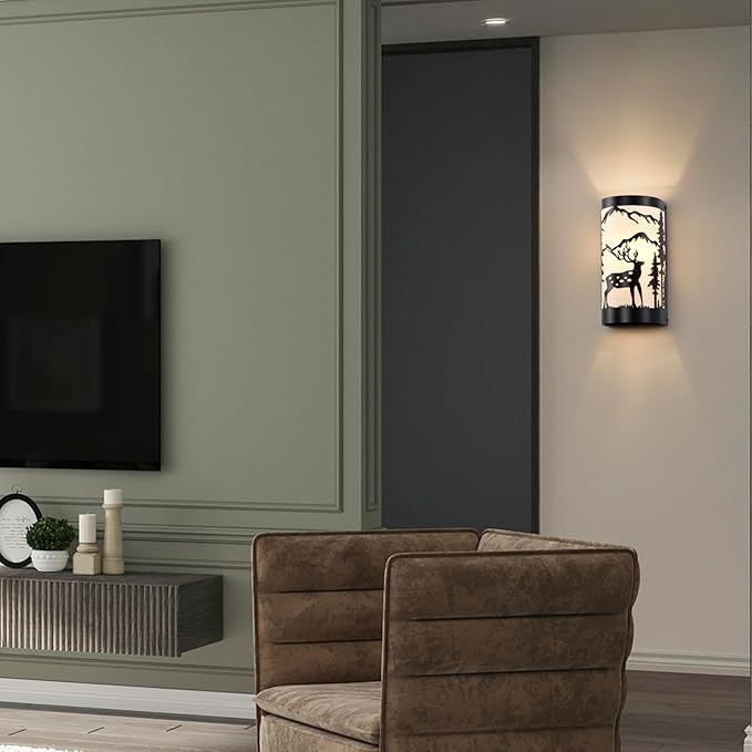 Black Wall Sconces Set of Two,Deer Metal Cream Parchment Rustic Wall Sconces,Farmhouse Indoor Wall Light Fixtures,Industrial Matte Sconce Light,Wall Lamps for Bedroom,Living Room,Hallway