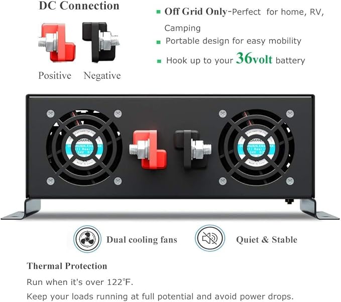 WZRELB 5000W 36V 120V Pure Sine Wave Power Inverter with 2 AC Outlets,Remote Control, Car Inverter