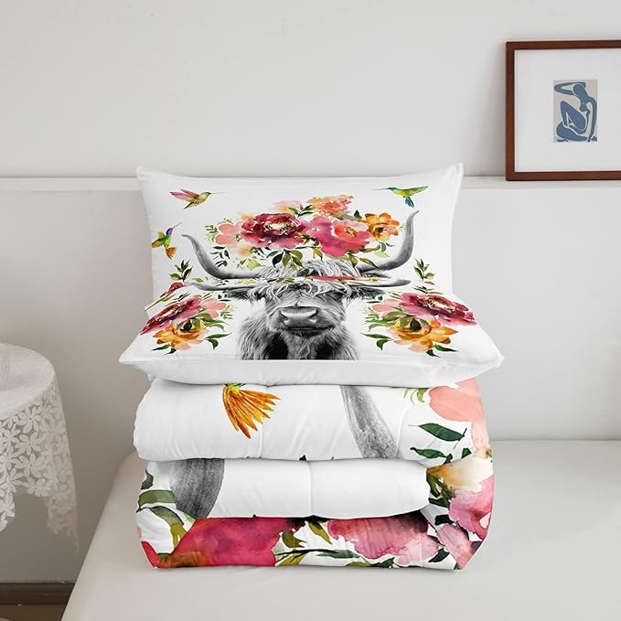 Erosebridal Highland Cow Floral Comforter Set King Size Bull Cattle Flower Bedding Set Wildlife Farmhouse Cow Quilt Hummingbird Duvet Insert Soft All Season White Down Comforter with 2 Pillowcases