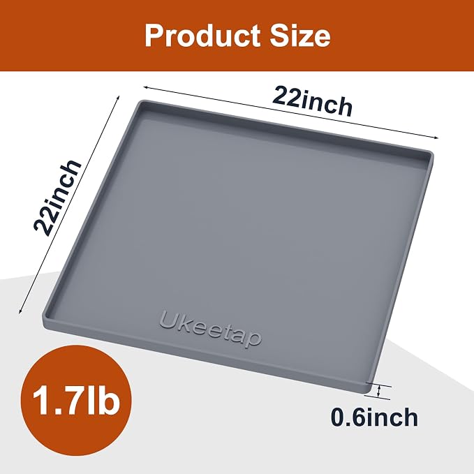 ukeetap 22" x 22" Extra Thick Silicone Mat Waterproof with Raised Edge, Under Sink Mat for Kitchen & Bathroom, Kitchen Cabinet Liner, Multi-Purpose for Storage & Protection, Gray