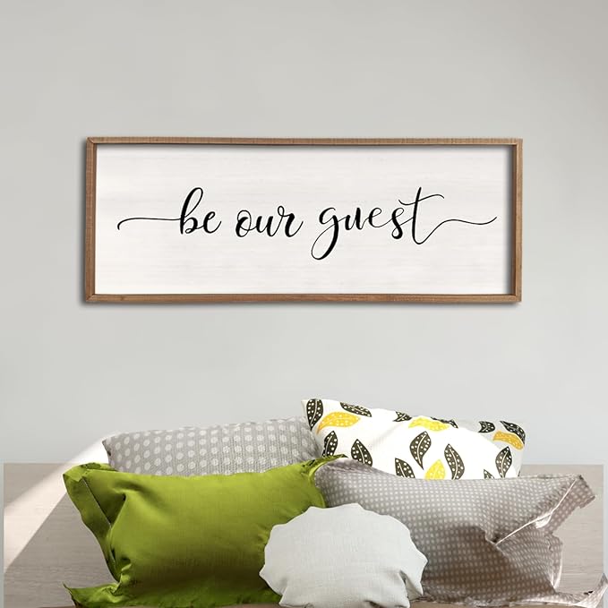 comurdyo Be Our Guest Wall Decor Sign 40”X15” Large Master Bedroom Above Bed Wall Decor Wood Framed Guest Room Sign Simple Rustic Farmhouse Over Bed Bedside Wall Art (Wood)