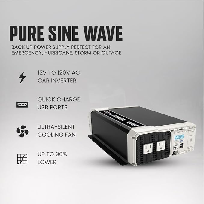 Energizer 3000W Pure Sine Wave Inverter 12V DC to 120V AC Converter for RV, Truck, Off-Grid Solar Power Inverter 12V to 110V W/QC 3.0A Each USB Port, AC Hardwire Port, Remote Cables Fuse Included