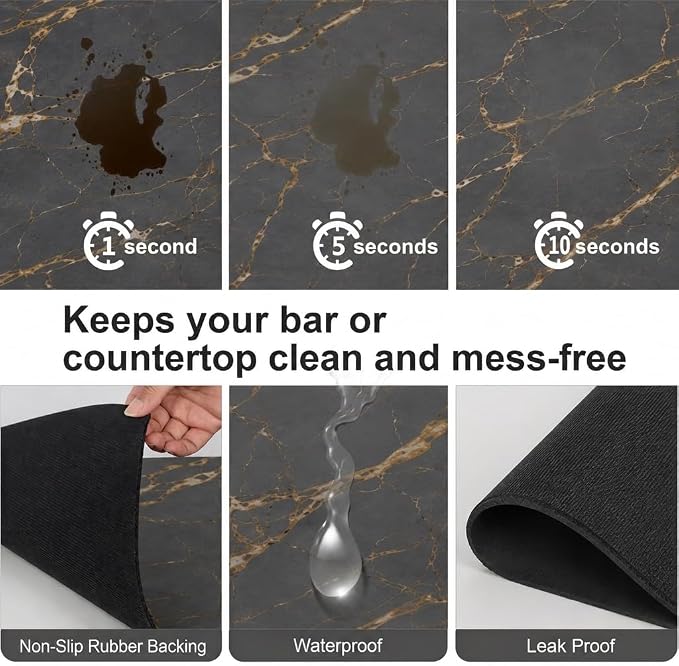 ZLR Coffee Bar Mat for Keurig & Nespresso, 12"x16" Small, Marble Gray | Absorbent Dish Drying Mat, Stain-Hiding PU Leather Top, Non-Slip Rubber Back, Heat-Resistant, Fits Frother & Pour-Over