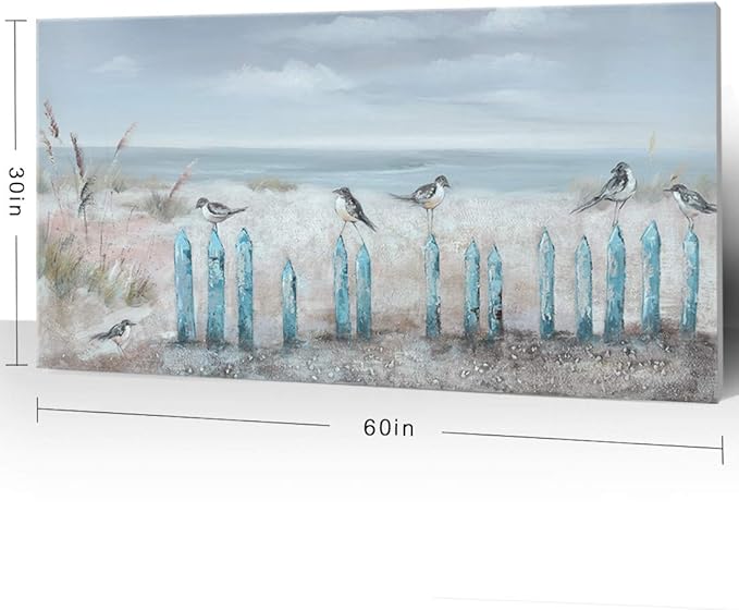 Big Wall Art for Living Room Extra Large Hand-painted Beach Oil Painting Ocean Sea Bird Seagull Canvas Artwork Framed Seascape Coastal Picture for Office Bedroom Decor 60 x 30 inch