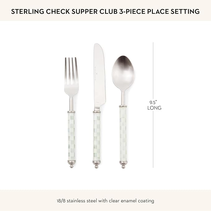 MACKENZIE-CHILDS Supper Club 3-Piece Place Setting, Fork, Spoon, and Knife Dinner Flatware Set, Gray-and-White Sterling Check
