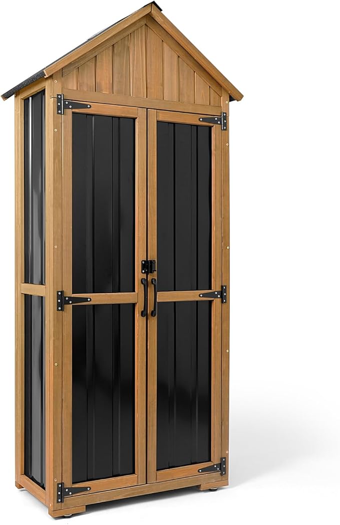 Outdoor Storage Cabinet Waterproof, Outdoor Storage Shed with Shelves, Wood & Metal Patio Backyard Garden Storage Cabinet Tool Organizer for Outside