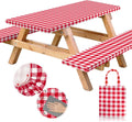 Vinyl Fitted Picnic Table Cover with Bench Covers & Bag 6ft Red Checkered | Vinyl Fitted Picnic Table Cover with Bench Covers and Bag, Outdoor Waterproof Windproof Picnic Tablecloth with Elastic Edges.