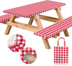 Vinyl Fitted Picnic Table Cover with Bench Covers & Bag 6ft Red Checkered | Vinyl Fitted Picnic Table Cover with Bench Covers and Bag, Outdoor Waterproof Windproof Picnic Tablecloth with Elastic Edges.