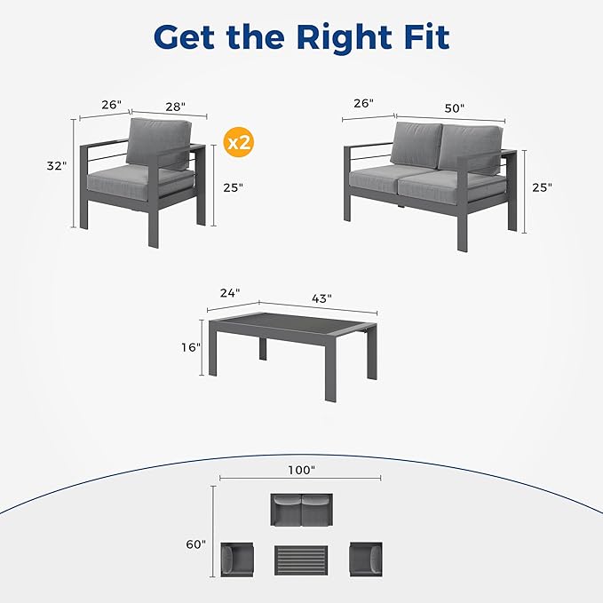Wisteria Lane Outdoor Patio Furniture Set, 4 Pieces Aluminum Sectional Sofa, Metal Patio Conversation Set with Loveseat, 5 Inch Grey Cushion and Coffee Table (Dark Grey & Grey)