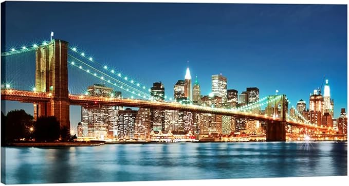 Pyradecor Large Modern New York Cityscape Canvas Wall Art Brooklyn Bridge Night View Canvas Prints Stretched Landscape Pictures Paintings Artwork for Living Room Home Decorations L