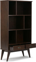 SIMPLIHOME Draper SOLID HARDWOOD 35 Inch Mid Century Modern Wide Bookcase and Storage Unit in Medium Auburn Brown, For the Living Room, Study Room and Office
