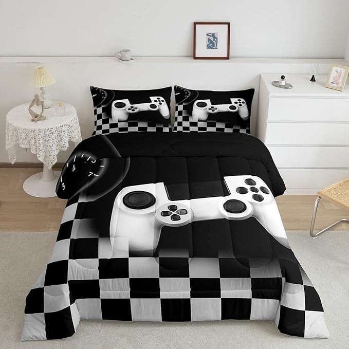 Erosebridal Gamer Comforter Set King,Gaming Bedding Set for Kids Teens,Black and Grey Buffalo Plaid Reversible Duvet Insert,Novelty Gamepad Pattern Down Comforter with 2 Pillow Shams Lightweight