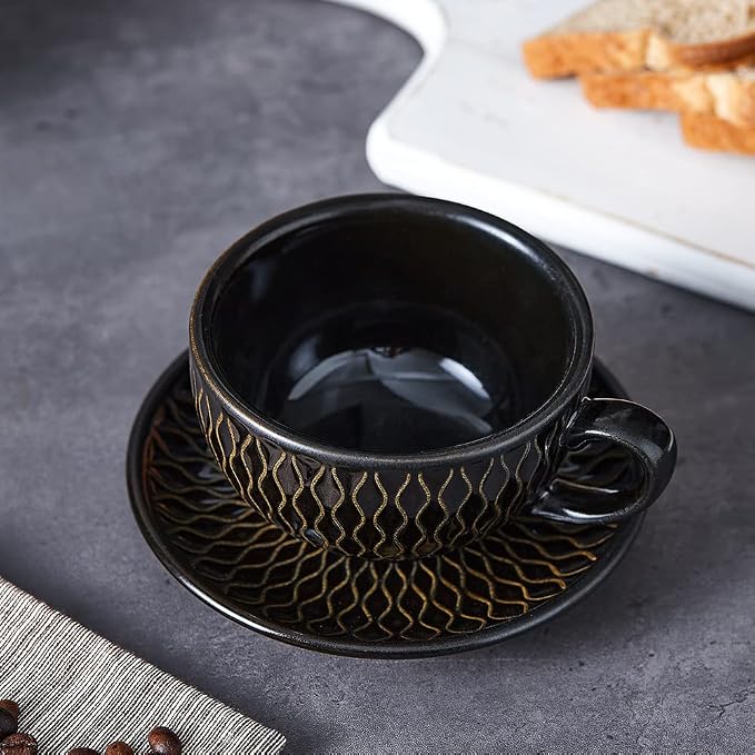 Coffeezone Vintage Design 12 oz Ceramic Latte Art Cappuccino Barista Cup with Saucer (Embossed Black)