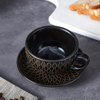 Coffeezone Vintage Design 12 oz Ceramic Latte Art Cappuccino Barista Cup with Saucer (Embossed Black)