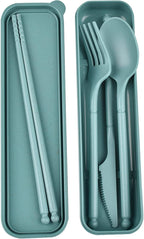 Camping Utensil Set, Reusable Utensils Set with Case, Plastic Cutlery Set Forks Spoon Tableware Chopsticks, Portable Cutlery Set for Travel Picnic Camping or Daily Use (Dark Green)