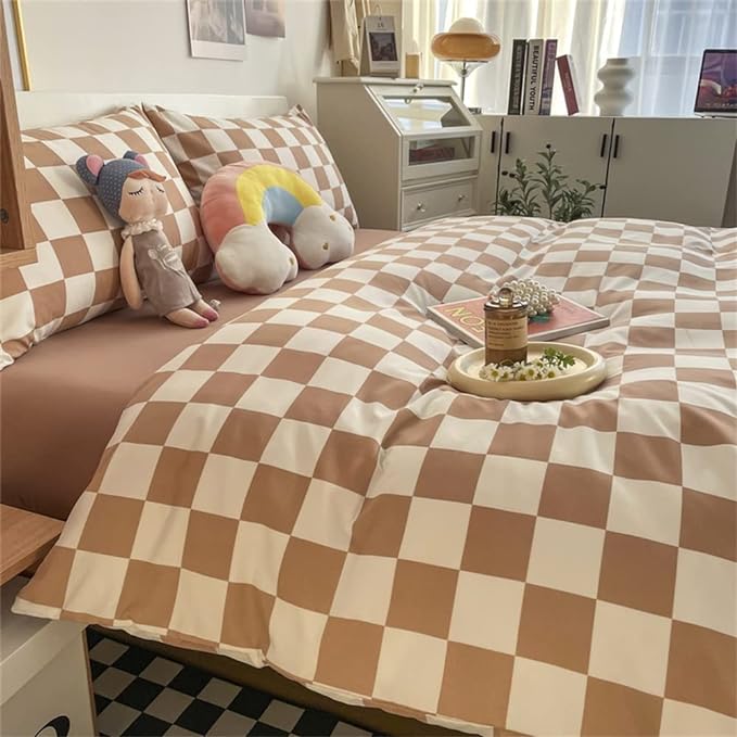 Wellboo Light Brown Plaid Comforter Sets Twin Women Men Cream Coffee and White Checkerboard Grid Bedding Comforters Cotton Boys Girls Modern Light Taupe Checkered Geometric Quilts Luxury Abstract Bed