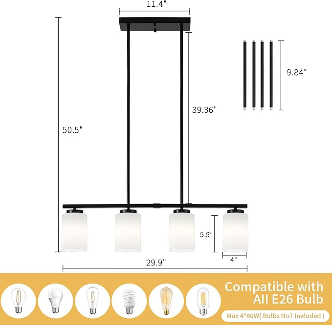 4-Light Kitchen Island Lighting Linear Chandelier Dining Room Light Fixture | 30'' Modern Island Lights for Kitchen, Farmhouse Black Chandeliers Over Table White Frosted Glass Shade, Adjustable Height