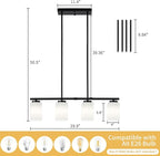 4-Light Kitchen Island Lighting Linear Chandelier Dining Room Light Fixture | 30'' Modern Island Lights for Kitchen, Farmhouse Black Chandeliers Over Table White Frosted Glass Shade, Adjustable Height