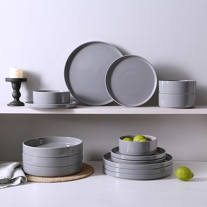 Famiware Nebula Dinnerware Set with Pasta Bowls, Service for 4 (16pcs), Fine Stoneware Plates and Bowls Sets, Microwave and Dishwasher Safe Dishes Set, Dark Gray