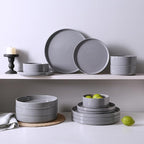Famiware Nebula Dinnerware Set with Pasta Bowls, Service for 4 (16pcs), Fine Stoneware Plates and Bowls Sets, Microwave and Dishwasher Safe Dishes Set, Dark Gray