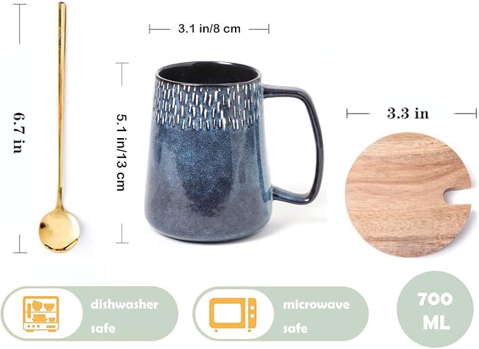 Large Ceramics Coffee Mugs,24 OZ,with Spoon and Wooden Lid,for Coffee,Tea,Large Handle Design,Microwave and Dishwasher Safe(Color:24 oz star blue set)