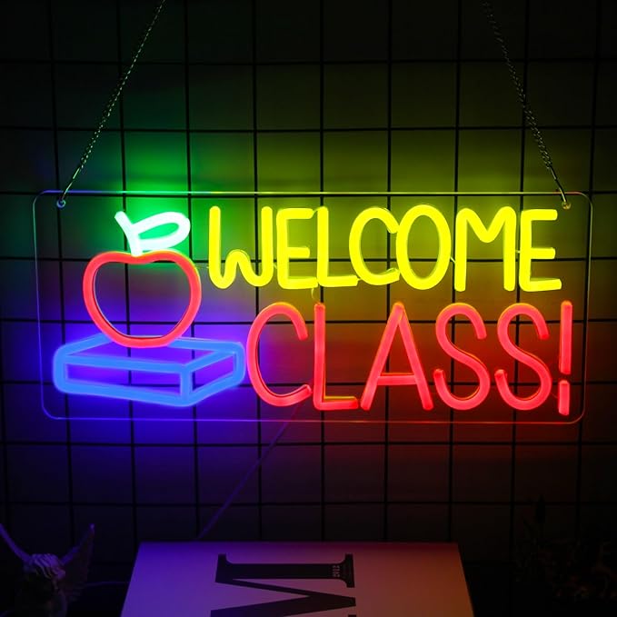 Welcome Class Neon Sign Student Classroom Neon Lights Apple Book LED Signs for Wall Colorful Back to School Wall Art Neon Light Up Signs for Classroom School Opens Party Decorations