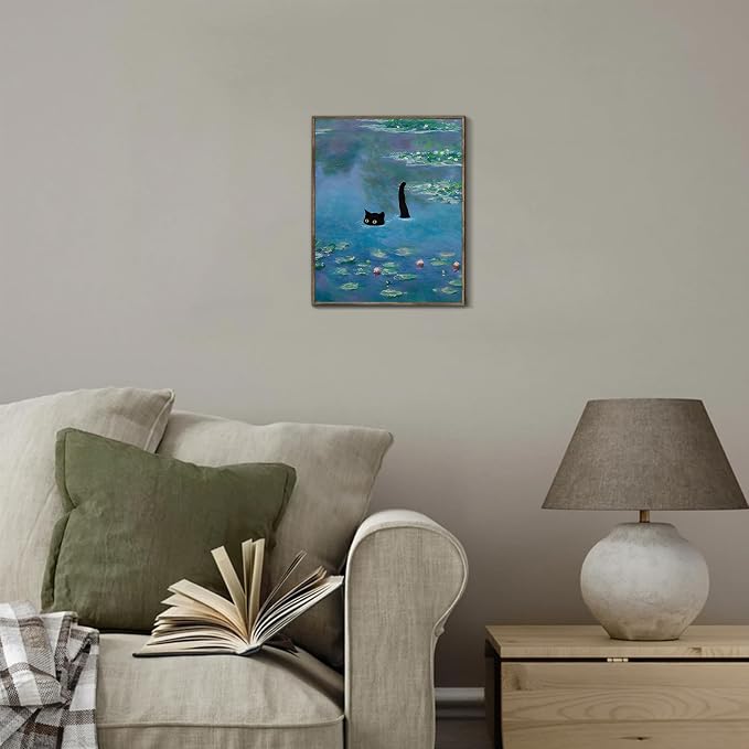 XOCUUI Cat Wall Art Monet Prints Vintage Canvas Wall Art Funny Cat in Water Lilies Posters for Room Bedroom Living Room Bathroom Wall Decor Aesthetic (Size: 11''x14'')