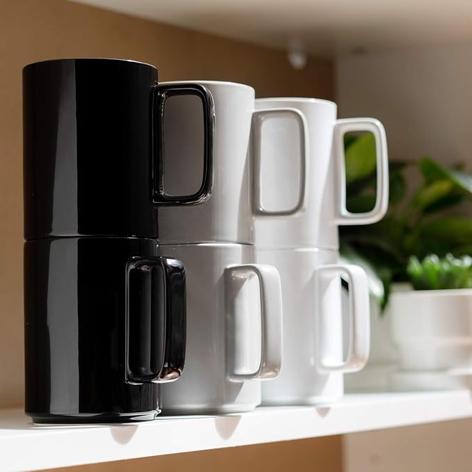 E-liu Large 15 Ounces Porcelain Coffee Mug Tea Mugs Set of 6 | Cups for Coffee, Tea, Cocoa, and Mulled Drinks , Dishwasher & Microwave Safe Gift Sets, BlacK White Grey