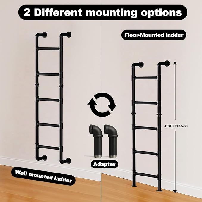 3/4/5/6/7/8FT Black Wall Mounted Steel Ladder, 5-Step Egress Ladder for Window Well, Loft, Bunk Bed, Camper, RV | Floor/Wall Mounted Indoor Safety Climb for Bedroom, Basement, Gym, Dorm & Small Spaces