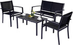 4 Pieces Patio Furniture Set Outdoor Garden Patio Conversation Sets Poolside Lawn Chairs with Tempered Glass Coffee Table Loveseat Porch Furniture Textilene Fabric Black