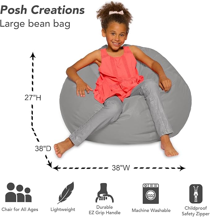 Posh Creations Bean Bag Chair for Kids, Teens, and Adults Includes Removable and Machine Washable Cover, 38in - Large, Solid Gray (BLG-BP004)