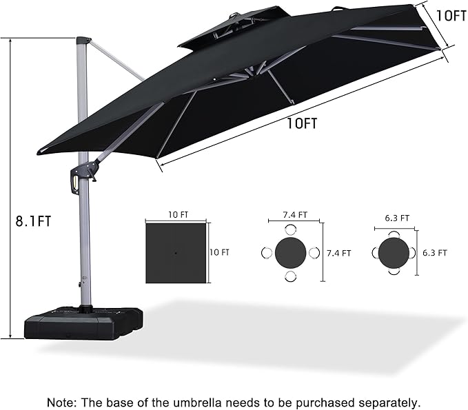 PURPLE LEAF 10ft Patio Umbrella Outdoor Square Umbrella Large Cantilever Umbrella Windproof Offset Heavy Duty Sun for Garden Deck Pool Patio, Black