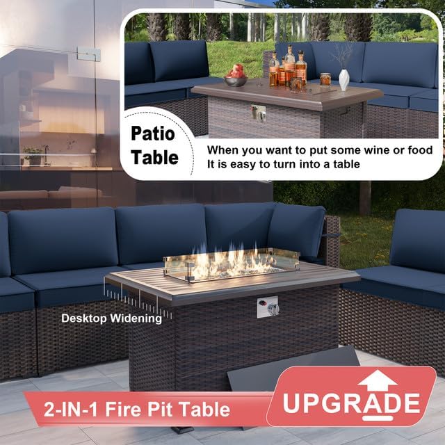 Patio Furniture Set with Fire Pit Table 8-Piece Outdoor Sectional Furniture Outdoor Rattan Patio Conversation Sets with 43in 55,000 BTU Propane Gas Fire Pit Table Glass Table, Navy Blue