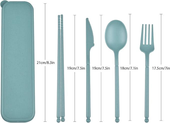 Camping Utensil Set, Reusable Utensils Set with Case, Plastic Cutlery Set Forks Spoon Tableware Chopsticks, Portable Cutlery Set for Travel Picnic Camping or Daily Use (Dark Green)