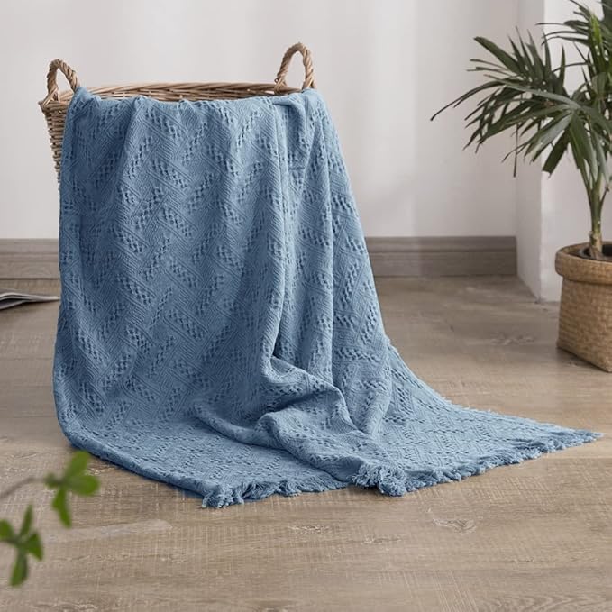 Simple&Opulence 100% Cotton Throw Blanket for Bed, Couch, Boho Luxury Geometric Knit Woven Blanket with Tassels Soft Lightweight Cozy Breathable, Vintage Farmhouse Decoration for All-Season(Blue)