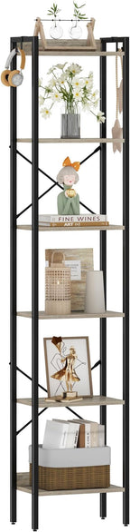 Bookshelf, Book Shelf, Industrial Bookcase with 2 Hooks, Coner Shelf Storage Organizer for Home Office, Living Room, Bedroom, Kitchen, 6-Tier Greige BC10705B
